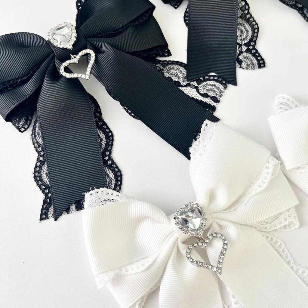 Korean Women's Lace Bow Tie Brooch Heart Shape Rhinestone Pendant Lolita Suit Skirt Accessories Pin Clips Handmade Jewelry Gift