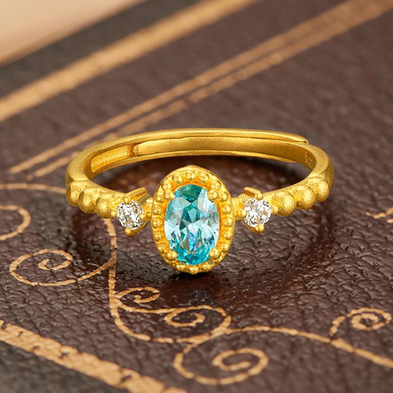 

2026 Pigeon Egg Sea Blue Zircon Ancient Gold-plated Light Luxury High-end Temperament Open Ring Women s Jewelry Resizable
