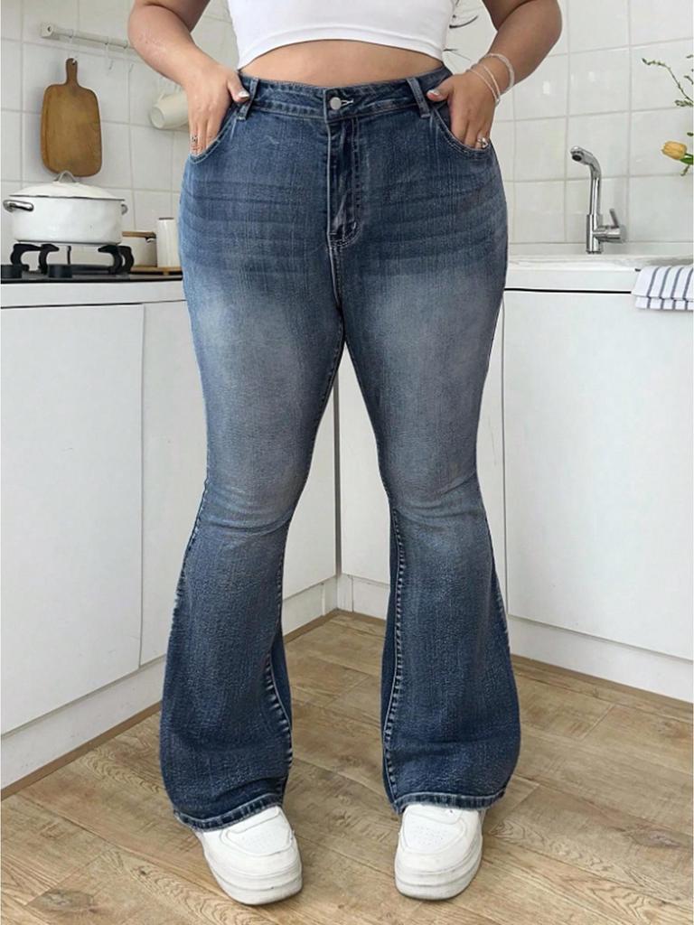 European and American Plus Size Embroidered High-Waisted Micro-Flare Denim Jeans for Women