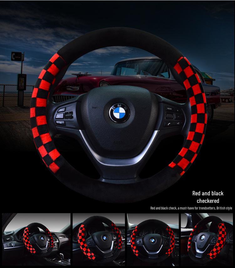 BLM Plaid Plush Steering Wheel Cover - Winter Checkered Car Accessory