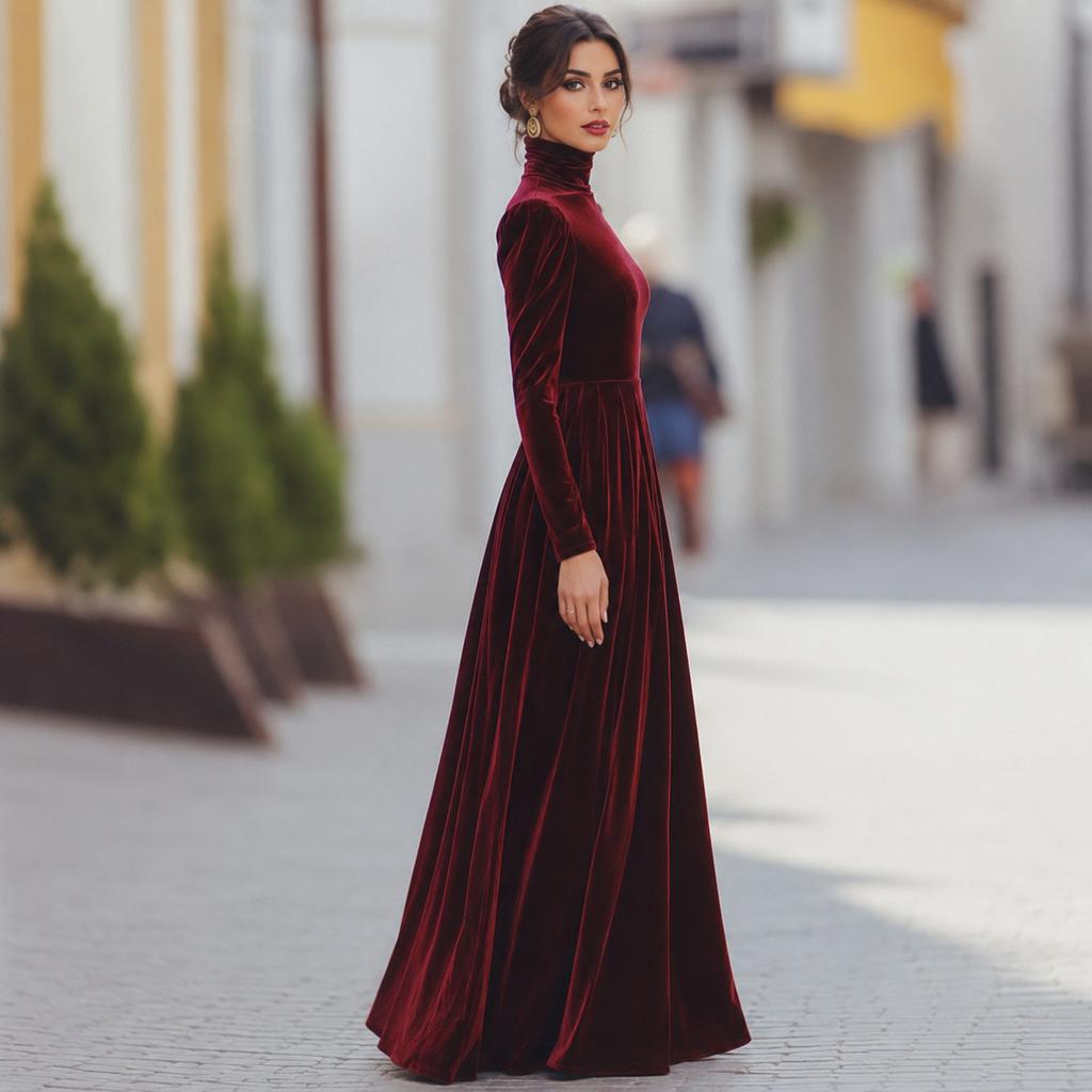 Women's Velvet High Neck Dress with Fitted Waist and Flared Skirt for Elegant Occasions