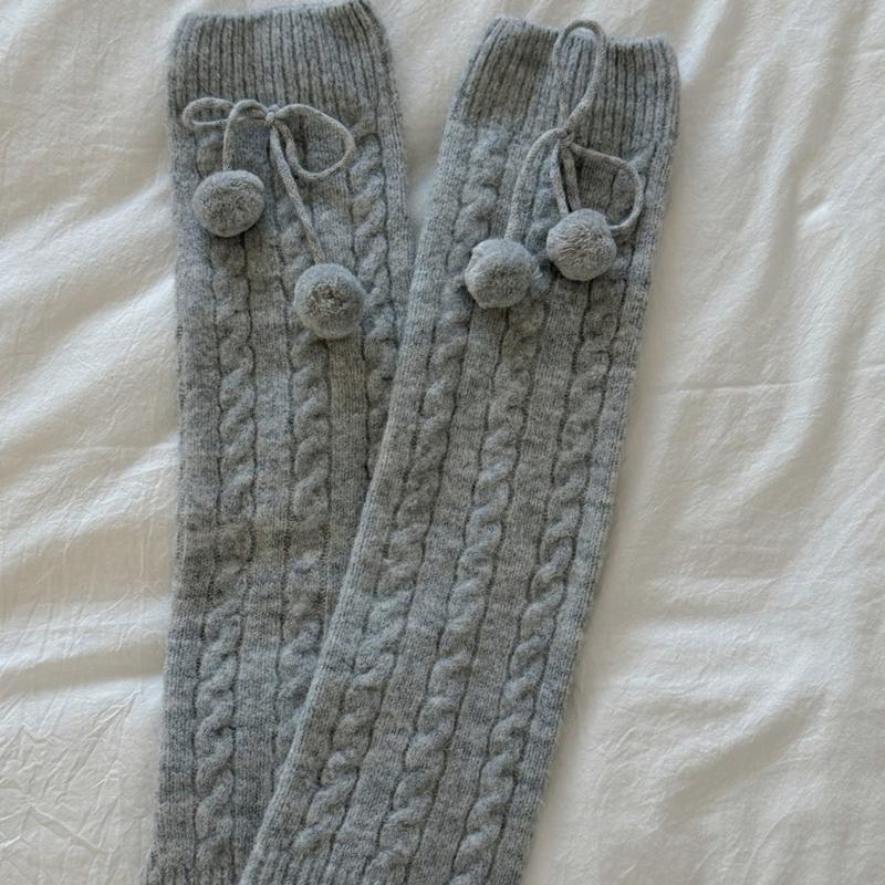 Fashionable Plush Balls Bows Adorned Leg Warmers for Women's Cable Knitted Stretchy Leg Covers Sleeves Calf Socks