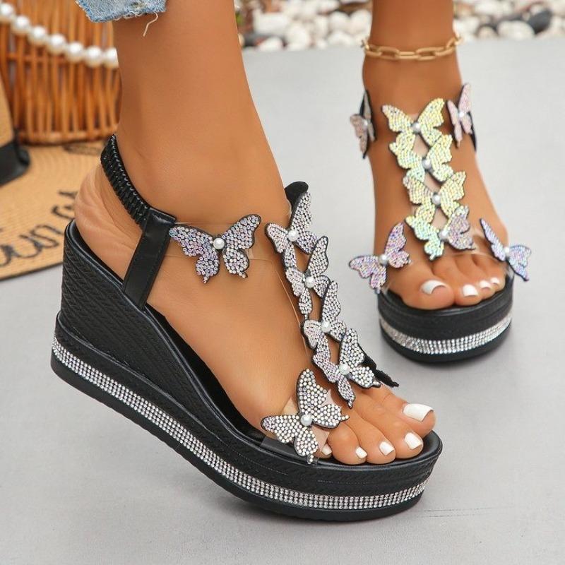 Summer new large size women's wedge heel sandals bow decorative foot cover rhinestone sole high heel sandals