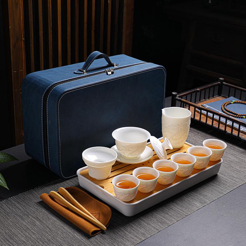 Embossed Suet Jade Ceramic Simple Tea Set Gift Box with Tea Tray Business Gift