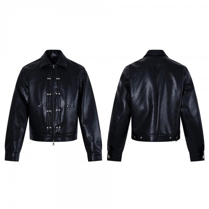 Mens Vintage PU Leather Moto Jacket Loose Fit Streetwear Casual Outerwear With Snap Decor