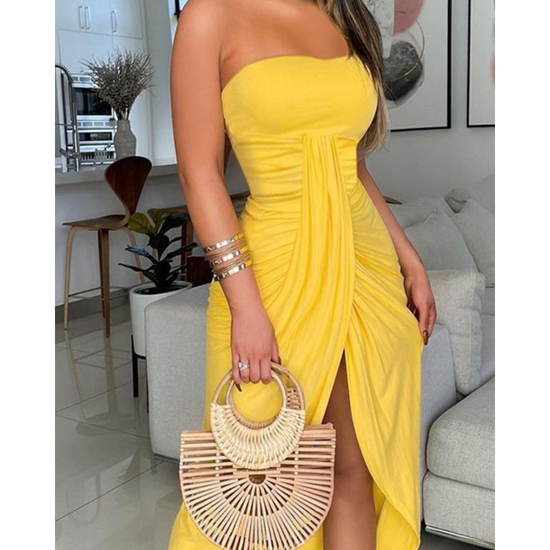 

Женское летнее платье с запахом на плечах, однотонное, с высоким разрезом, длинное, с заниженной талией, плиссированное платье M жёлтый
