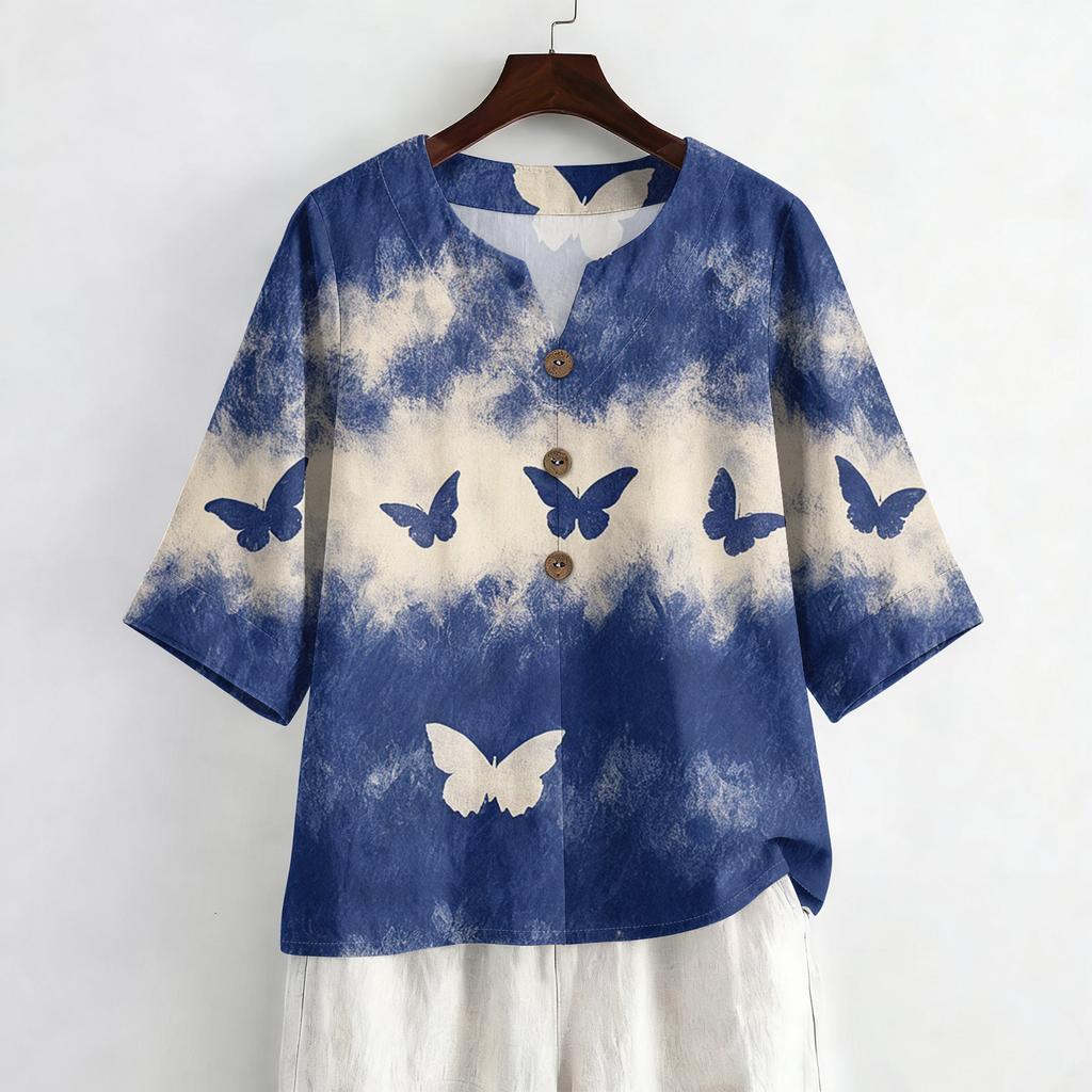 Dames Zomer Mode V-hals 3/4 Mouw Blouse Casual Losse Pasvorm Bloemenprint Top