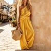 Talos Baumwoll-Leinen 2-teilige Sets für Damen, Ein-Schulter-Ärmelloses Oberteil mit Weitbeiniger Hose Passendes Set, Sommerurlaub Lounge Outfits