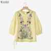 ZANZEA Women Lace Splice Round Neck Floral Print Casual 3/4 Sleeve Blouse