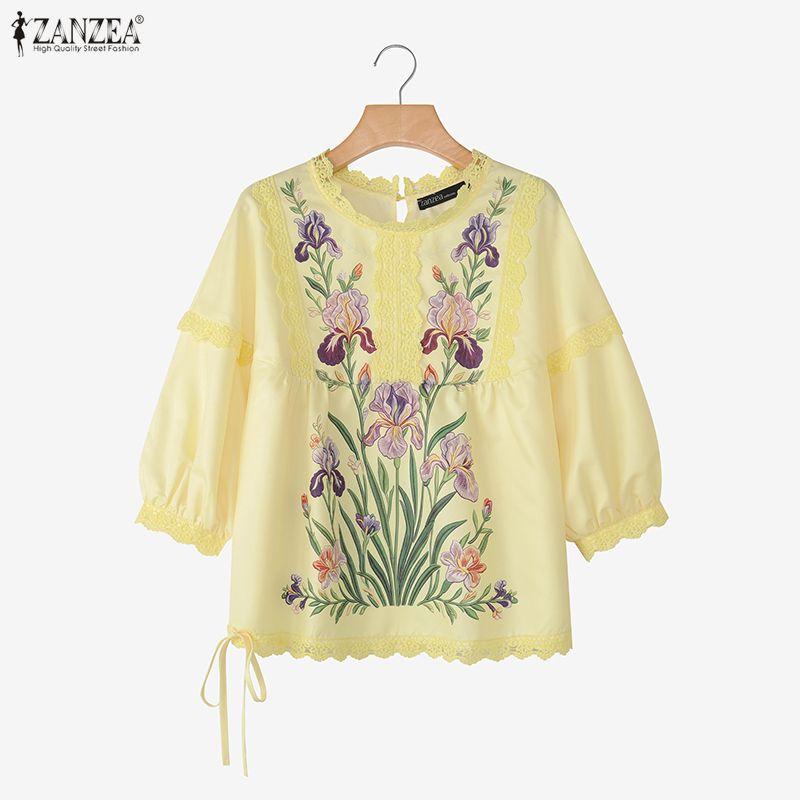 ZANZEA Women Lace Splice Round Neck Floral Print Casual 3/4 Sleeve Blouse