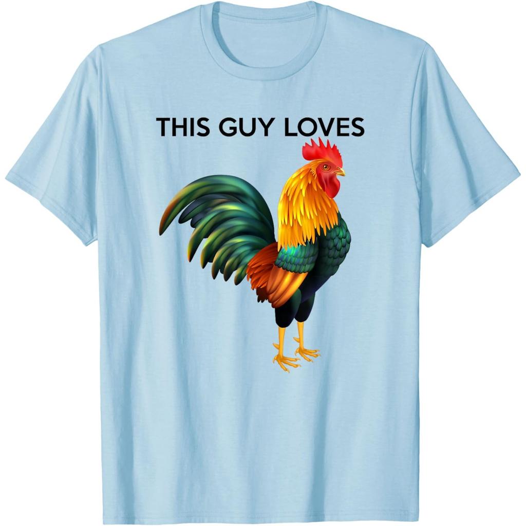 Funny Rooster Graphic Tee This Guy Loves Chicken Print Casual Cotton T-Shirt