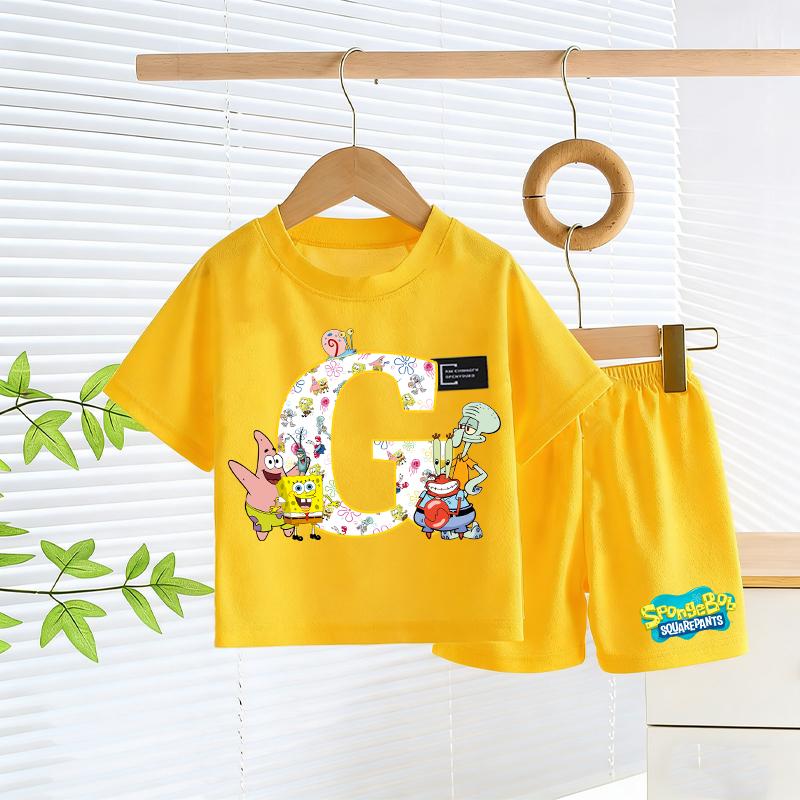 SpongeBobs T-shirt Shorts Set Kids Cute Letter A-Z Tees Pants Children Summer Outdoor Sports Short Sleeve Trousers Boy Girl Gift