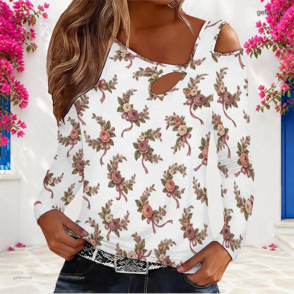Women Plus Size White Floral Printed Asymmetric Cutout Neck Cold Shoulder Long Sleeve Fitted Top