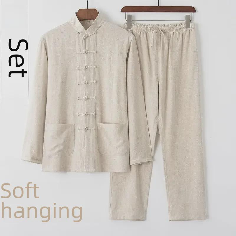 Chinesischer Stil Herren Langarm Baumwoll-Leinen Tang Anzug für mittlere und ältere Jahre - Retro Knöpfe Tai Chi Outfit