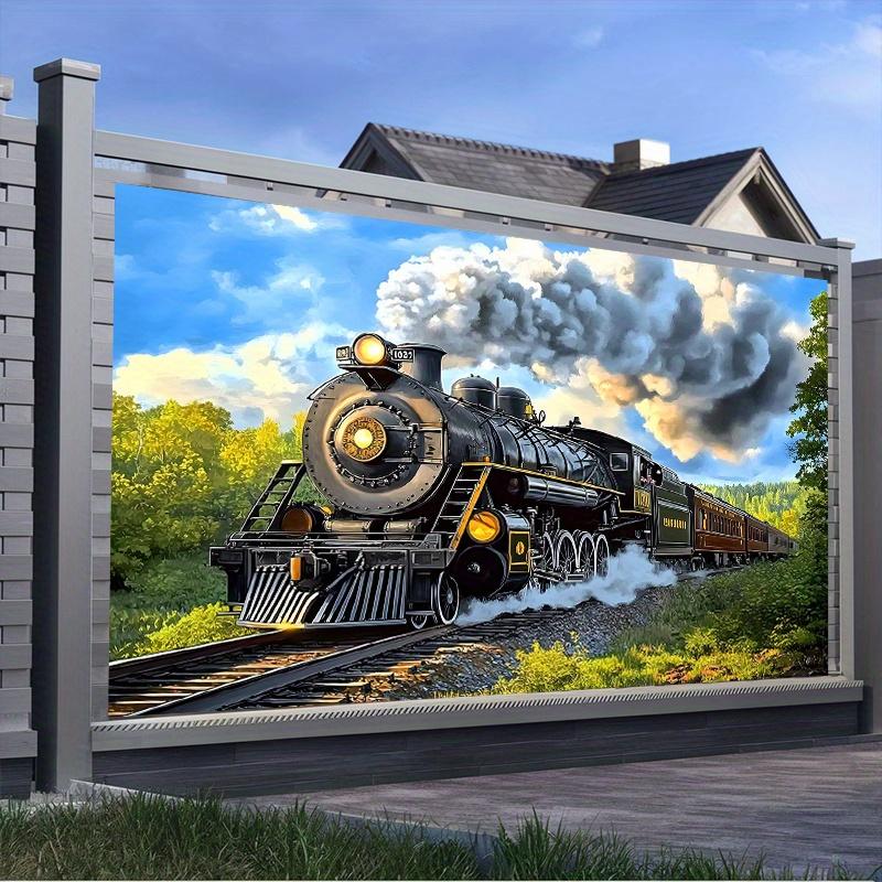 1 Piece of Retro Steam Train Party Banner - Vintage Railway Scene Polyester Fabric Background  for Home Decoration
