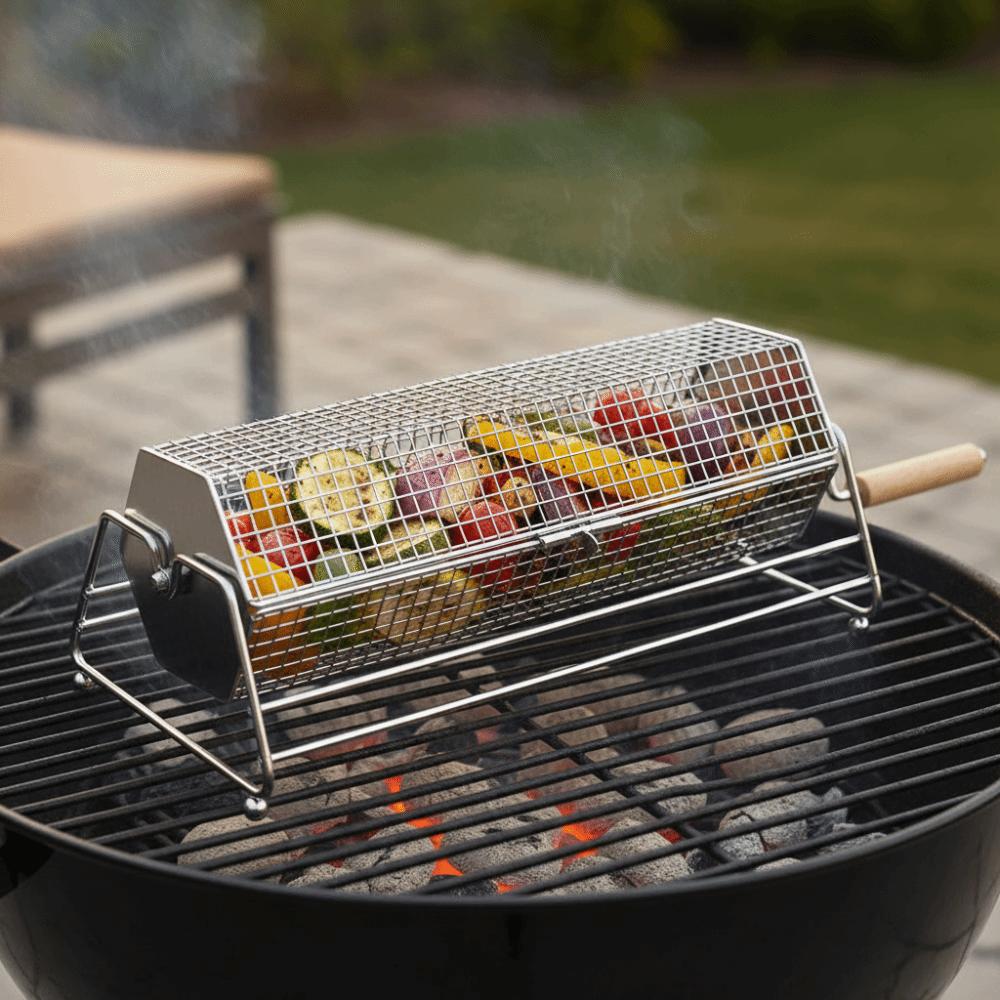with Wood Handle Rolling BBQ Grill Mesh Basket Stainless Steel Grill Rotisserie Basket Picnic