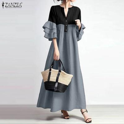 Women Casual V-neck Ruffles 3/4 Sleeve Loose Long Dress