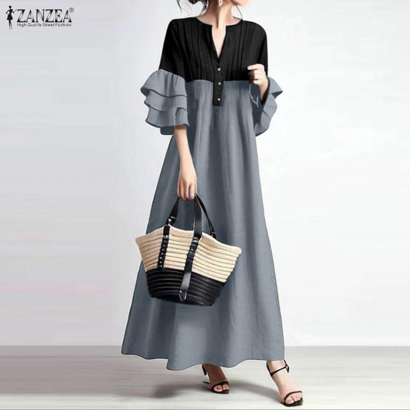 ZANZEA Women Casual V-neck Ruffles 3/4 Sleeve Loose Long Dress