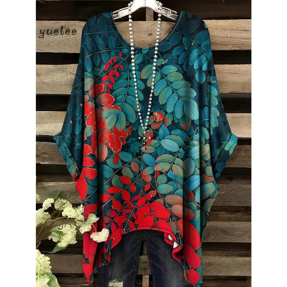 T-shirt da Donna Stampa Floreale Colorata Girocollo Top Orlo Irregolare Manica Corta Taglie Forti Abbigliamento da Donna Casual per Esterno
