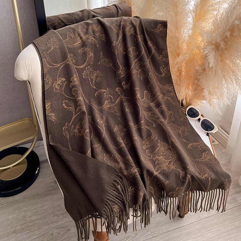 Autumn and Winter Thick Warm Scarf, Classical European Gilded Floral Shawl, Tassel Hot Stamping Shawl, Women's Scarf