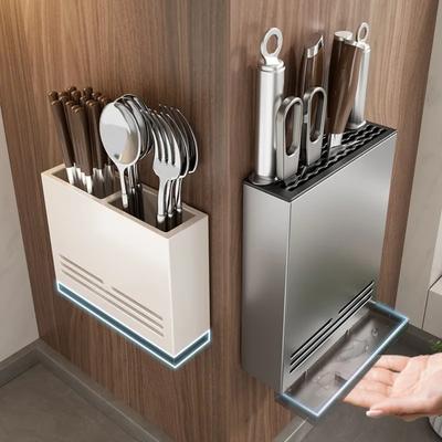 Rangement Tube Baguettes Cuisine Mural Non Perforé Porte-Baguettes Vaisselle Porte-Couteaux Boîte de Rangement Domestique à Drainage