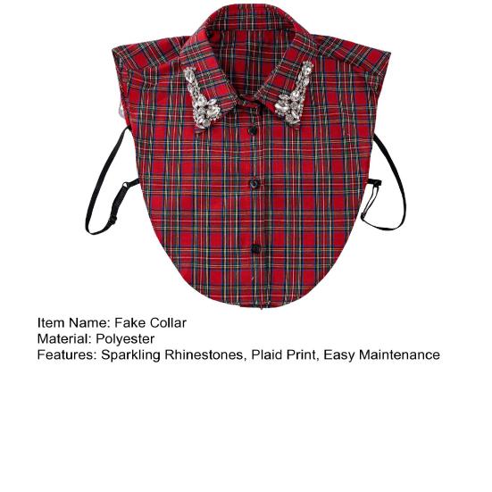 Sparkling Rhinestone Removable Collar Red Christmas Check Faux Collar Women Detachable Fake Collar Sweater Accent