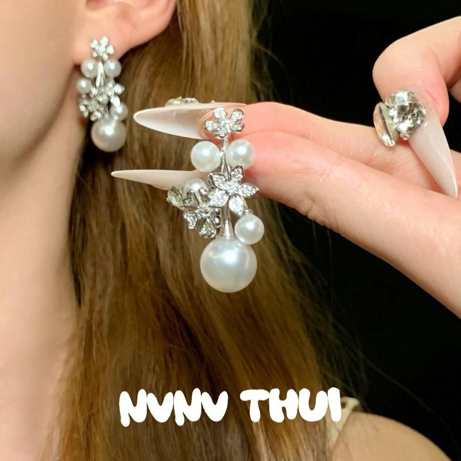 Jewelry, Vintage Real Hemp Pearl Crown Gemstone Necklace, Banquet Haute Couture Flower Sparkling Pearl Earrings Set