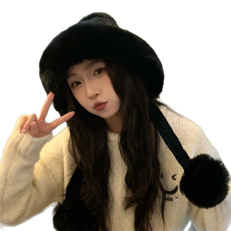 Hat female cute bear ears thickened fluffy hat autumn and winter versatile flower knitted hat outdoor windproof warm hat