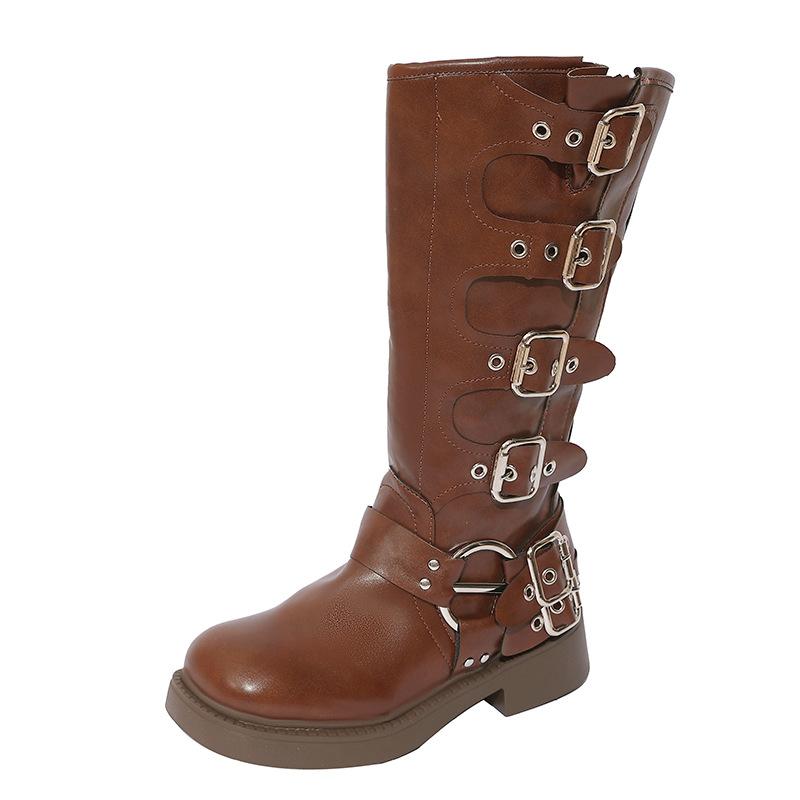 Brown Martin Boots Women's 2025 New Retro Small Boots Western Leather Shoes with Skirt Belt Buckle Knight Boots