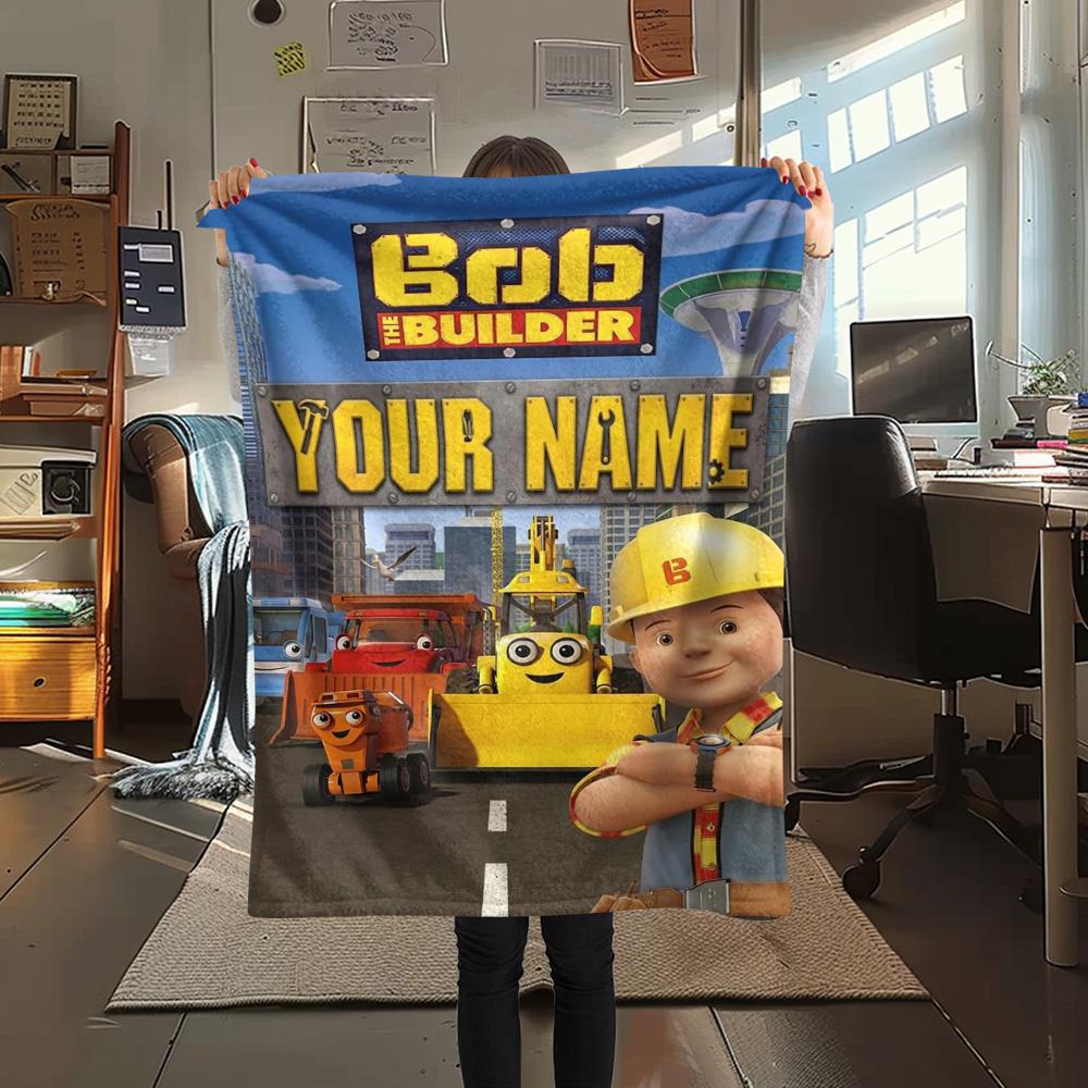 1PC Bob Builder Theme Custom Name Patterned Flannel Blanket Suitable For All Seasons For Home Decor Warmth And Comfort Gifts Holiday Present