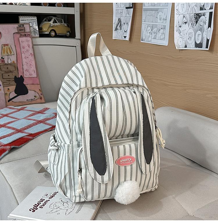 Schoolbag Korean Version Sweet Cartoon Schoolbag Female Junior High School Cute Rabbit Ears Backpack Fashion Striped Class Commuter Backpack