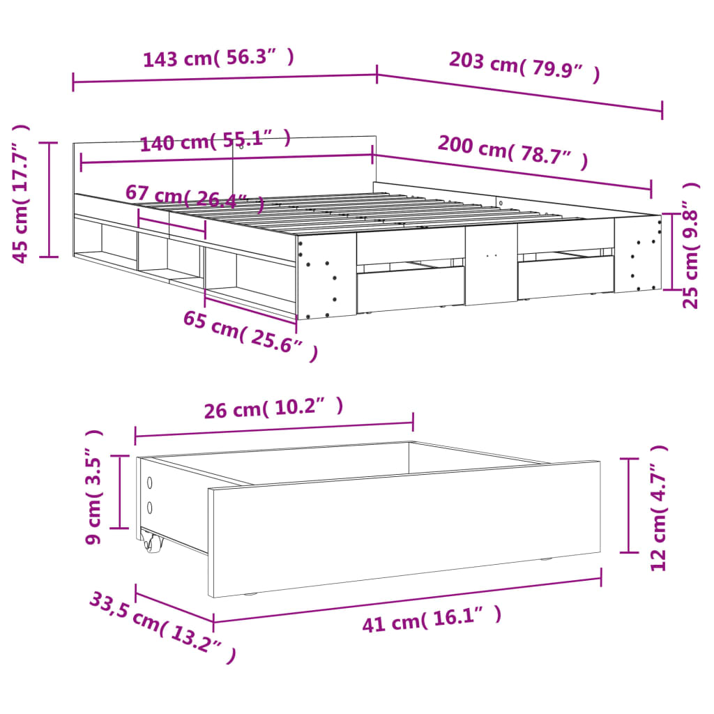 Bed Frame with Drawers Sonoma Oak 140x200 cm Particleboard