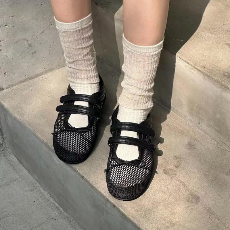 Cowhide Version~ Niche Mesh Breathable Flat Mary Jane Shoes Women's Velcro Casual Versatile Sports Shallow Mouth Single Shoes