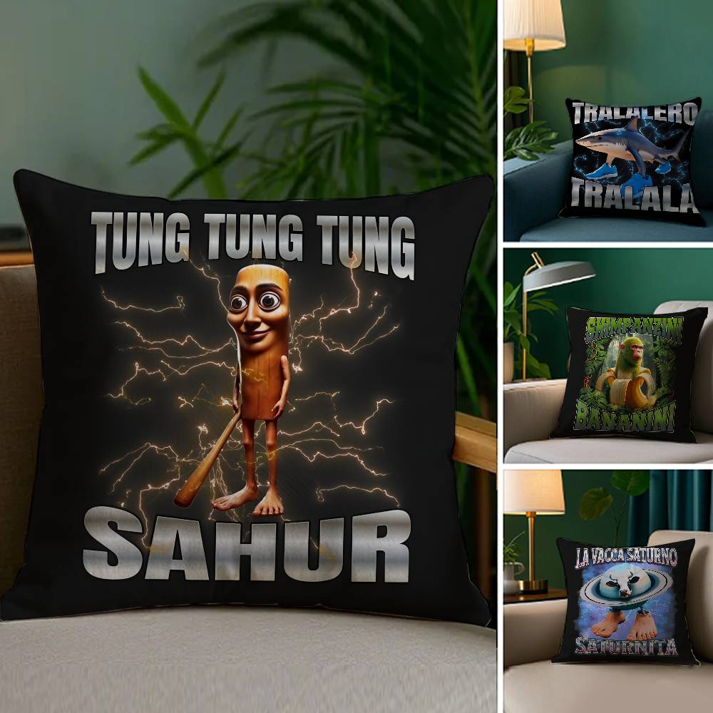 Italian Brain Rot Meme Tralalero Tralala Pillow Case Happy Atmosphere Short Plush Double-sided Printing Home Cushion Cover