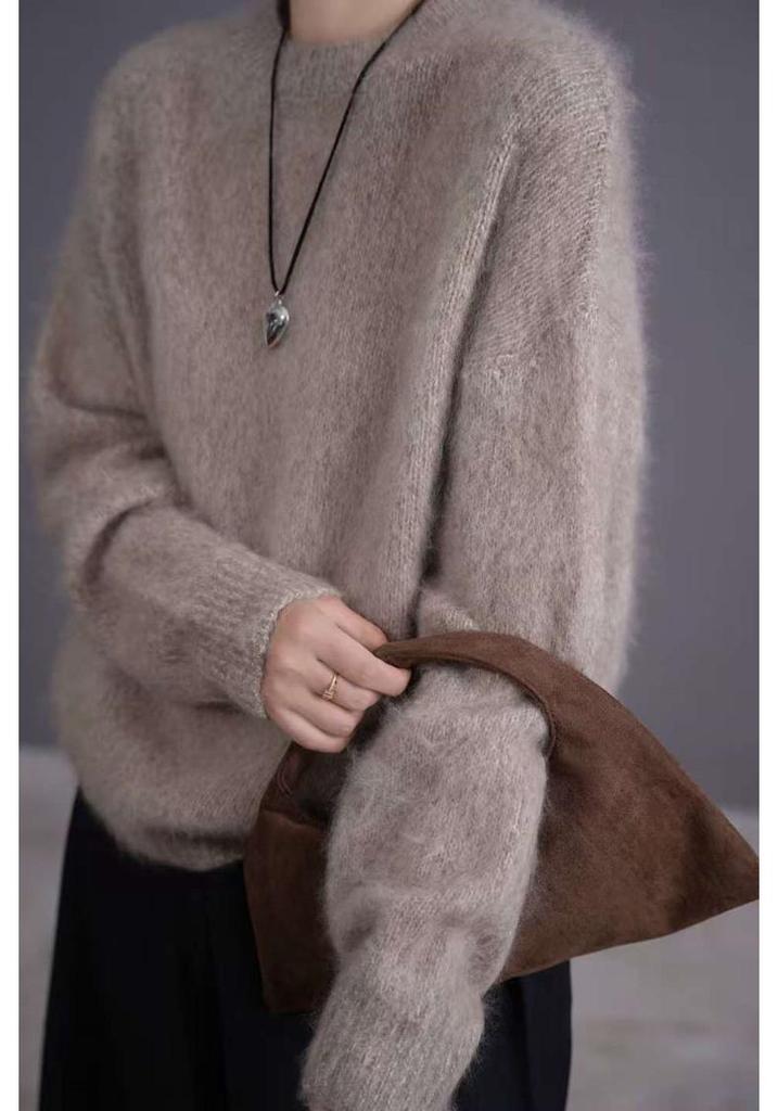 2025 Autumn/Winter Women's Thickened Wool Cashmere Round Neck Knit Sweater with Brushed Fleece