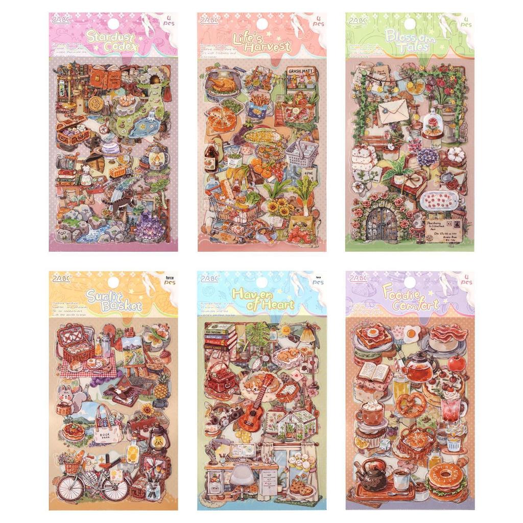 ZABC Die-cut PET Sticker Sheets: Life & Food Theme Happiness Guide Series (4 Sheets Included)