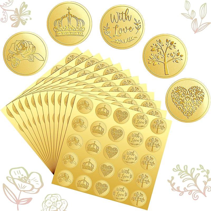 Chinco 500 Pieces Gold Embossed Envelope Seals Stickers Adhesive Seal Stickers Vintage Embossed Foil Certificate Kit Plant DIY Labels for Wedding