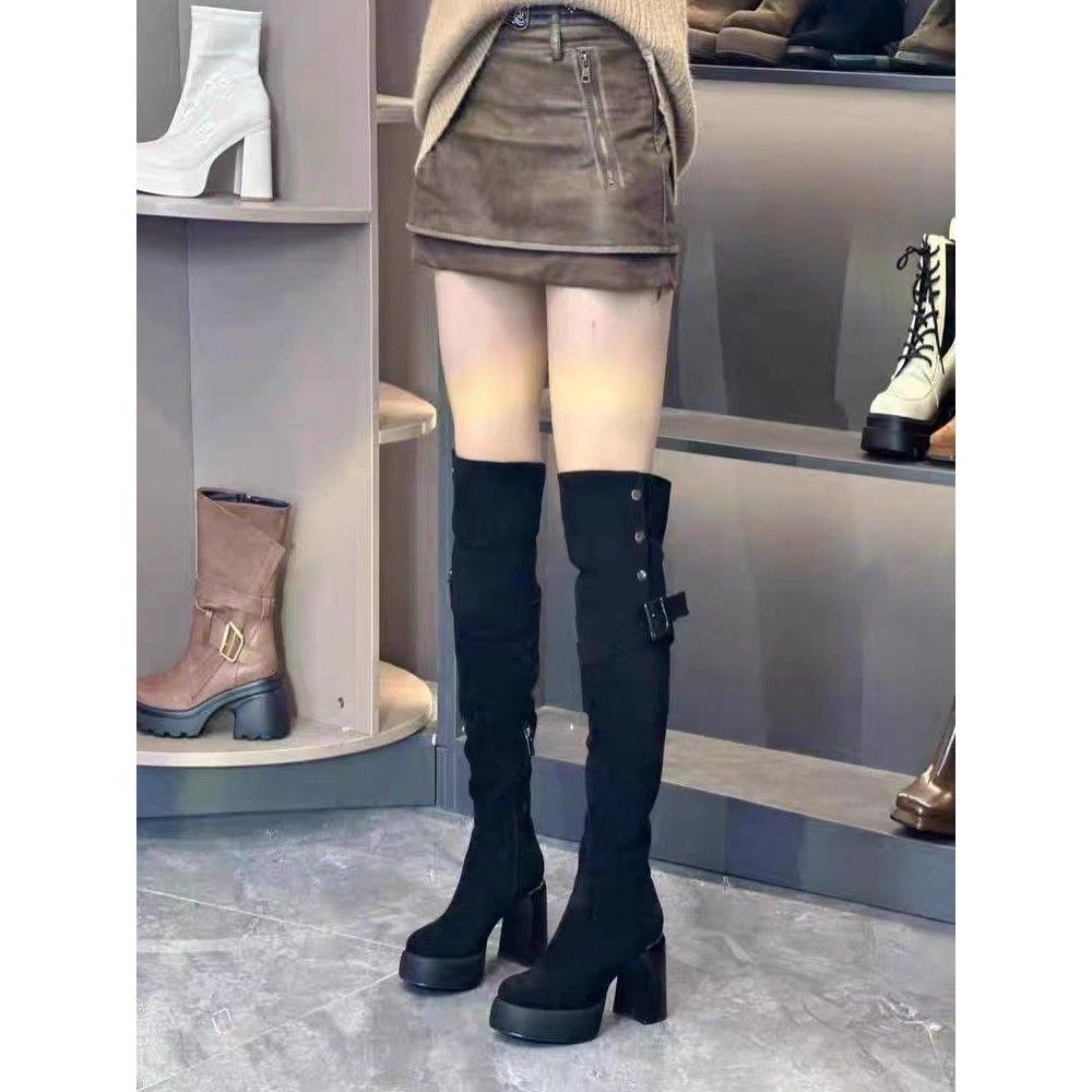 Women's 2025 Retro Rivet Suede Slimming Over-the-Knee Chunky Heel Western Cowboy Boots