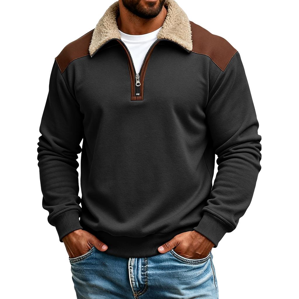 Pánská plyšová mikina s barevnými bloky, polovičním zipem a stojáčkem, pánská sportovní ležérní mikina plus size