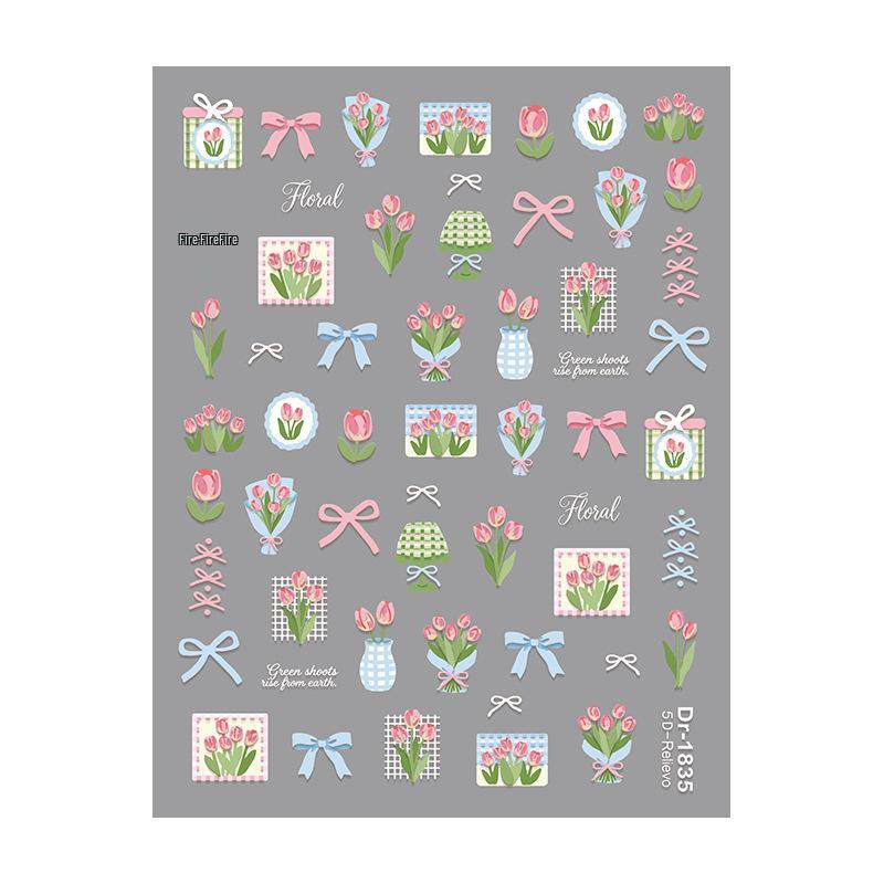 Redanco 3D Embossed Cartoon Nail Art Stickers - Lily & Tulip Flower Designs (DR1839)