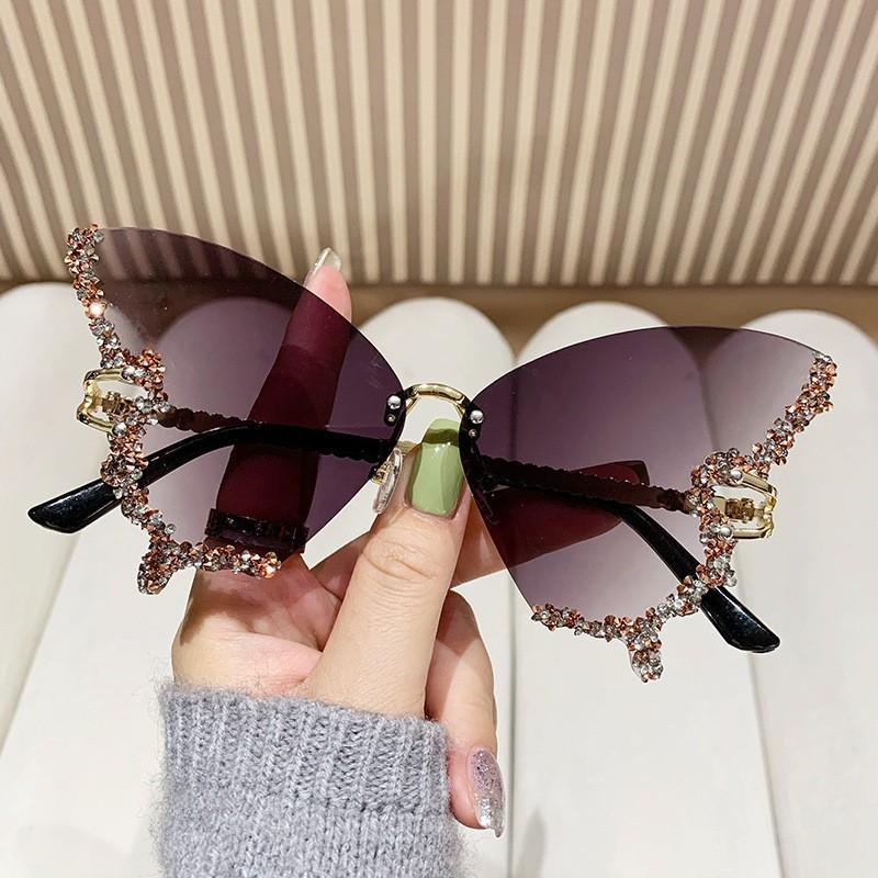 Butterfly sunglasses, UV400 protective frameless sunglasses, sparkling crystal decoration, suitable for parties, vacations, and street wear