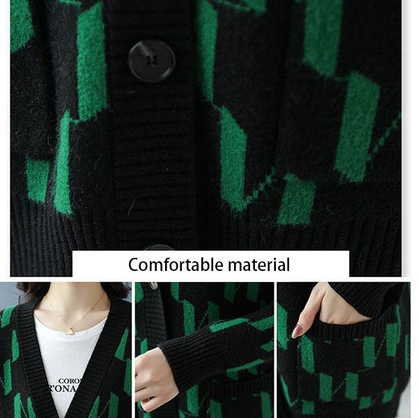 Herbst/Winter Damen Übergröße Strickjacke Pullover V-Ausschnitt Lockere Strickjacke Bedrucktes einreihiges Strickoberteil