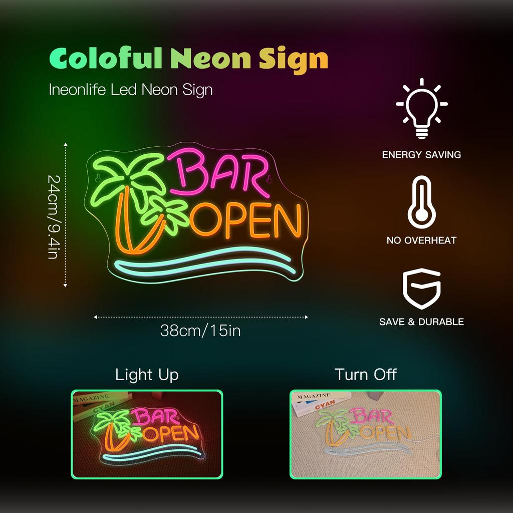 Coconut Tree Open Neon Sign Bar for Wall Decor LED Lights for Beer Bar Cafes Man Cave Shop Hotel Party Decorations Teen Boy Gift
