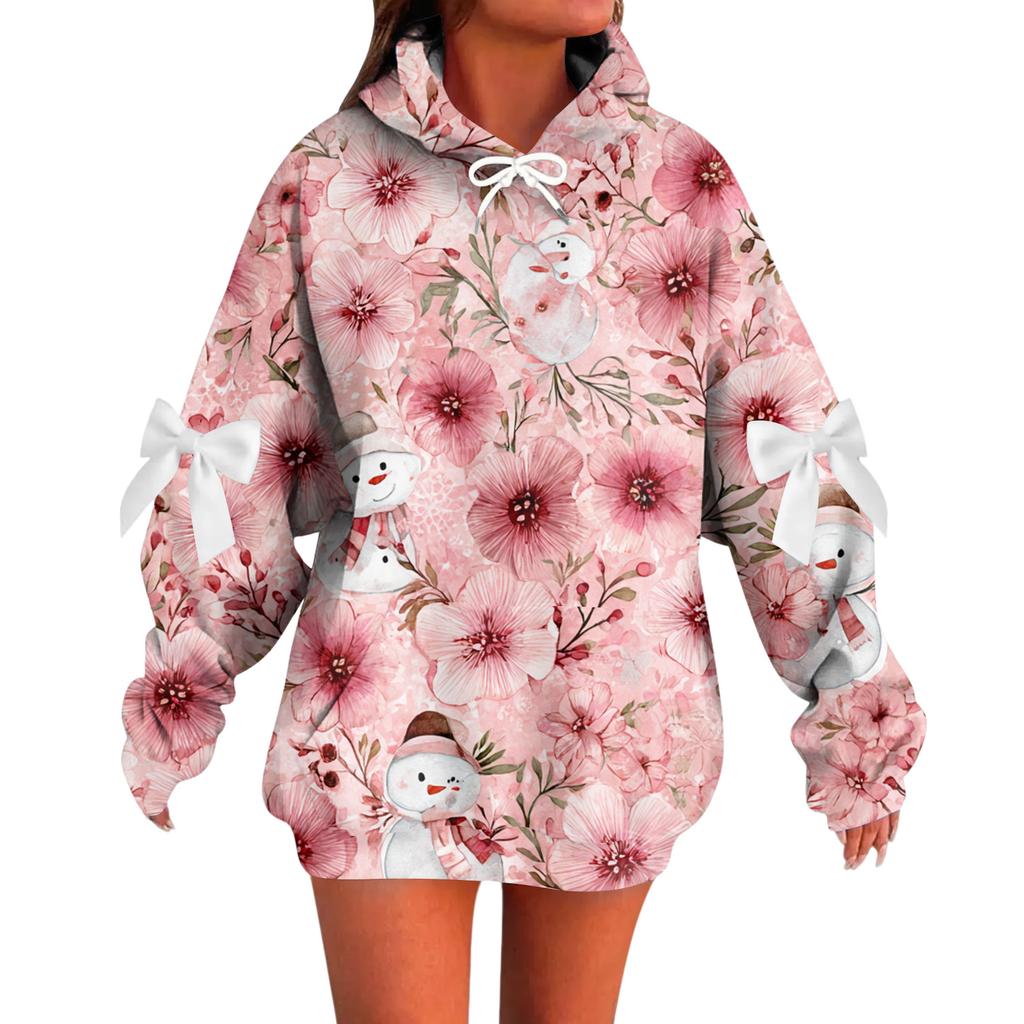 Ladies' Christmas Printed Bow Long Sleeved Loose Fitting Headband With Rope Hooded Sweatshirt Top