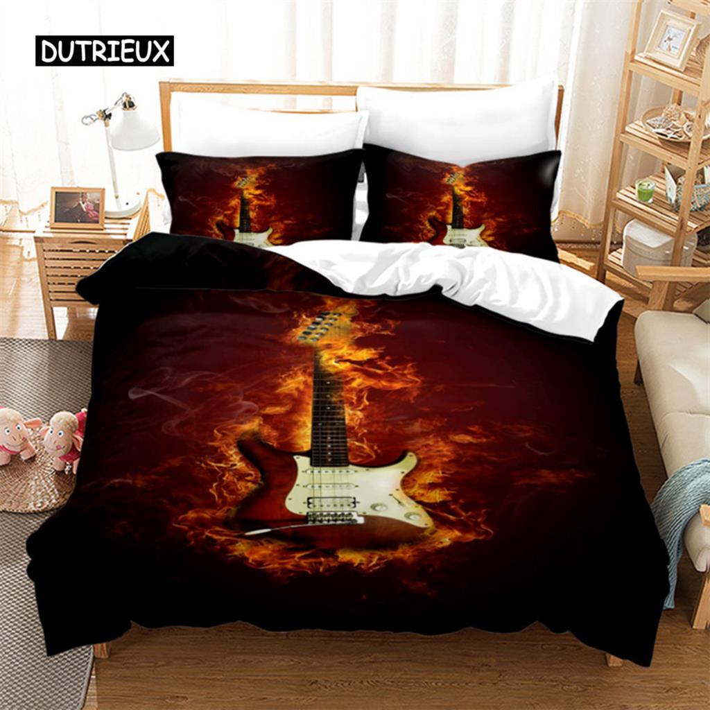 Guitar Queen Duvet Cover Rock Music Theme Bedding Set Grunge Color Splashed Brick Wall Background Electronic Guitar Mics Design
