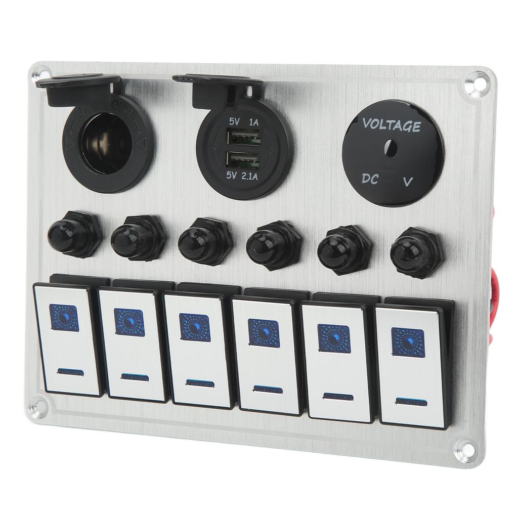 6 Gang On Off Rocker Switch Panel Waterproof Toggle Switch Panel with 2 Blue LED for Car RV UTV