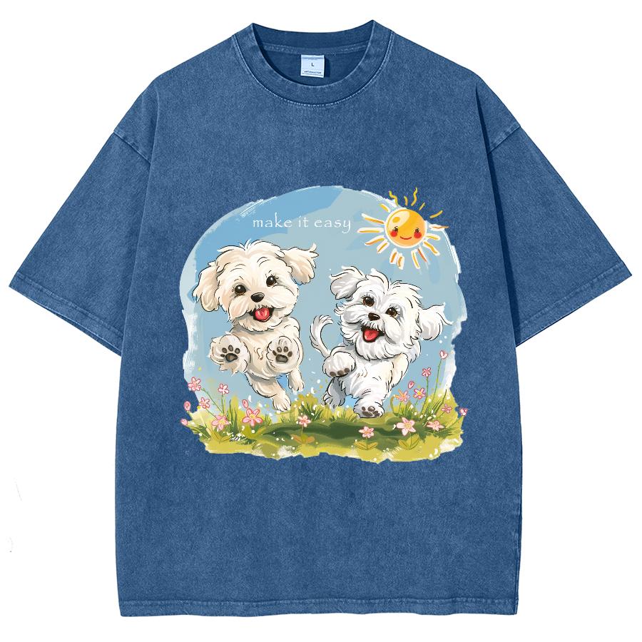 Cartoon Cute Puppy Print Summer Women's T-Shirt Y2K Oversized Neck Short Sleeve Washed Unisex Casual Top