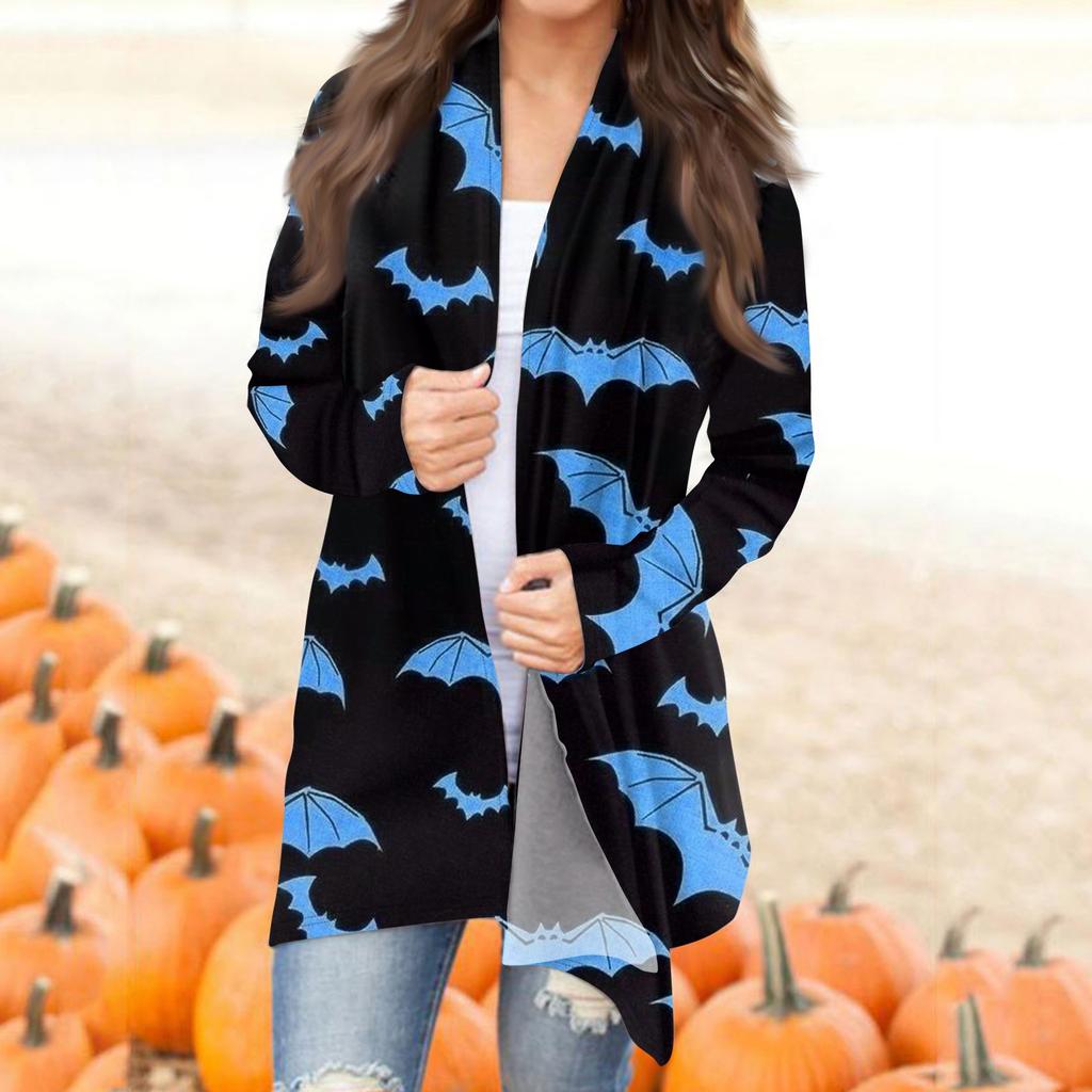 Dámský ležérní kardigan s halloweenským potiskem, top s dlouhým rukávem bez kapes