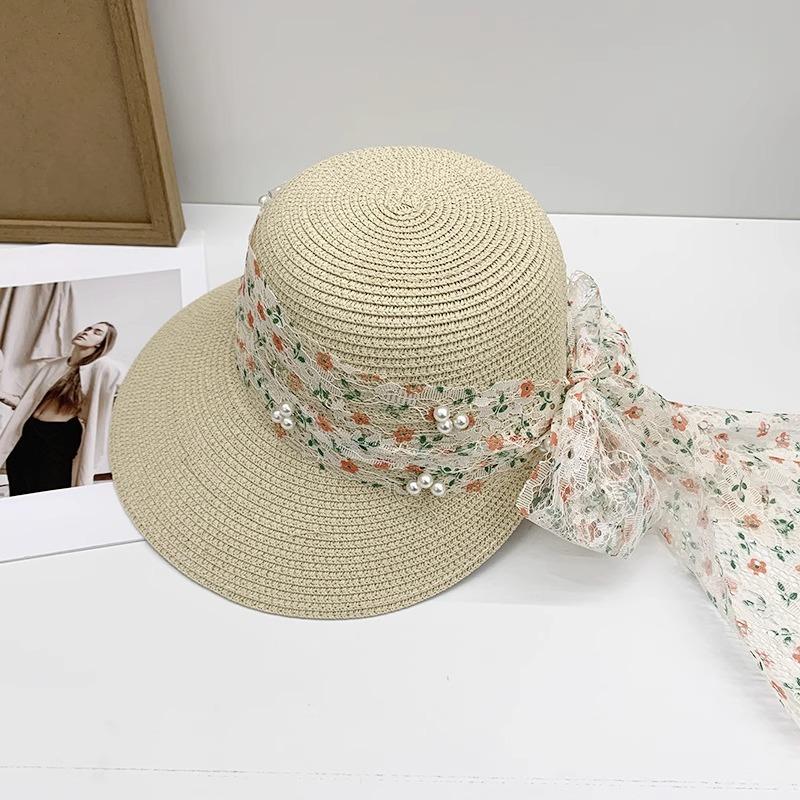 Straw hat children summer beach sun protection sun hat travel seaside vacation wide brim lace bow sun hat