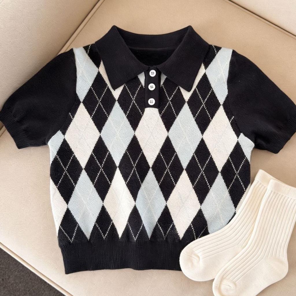 Kids Old Money Argyle Knit Polo Shirt Short Sleeve Sweater For Boys And Girls Fashionable Versatile Children Clothing